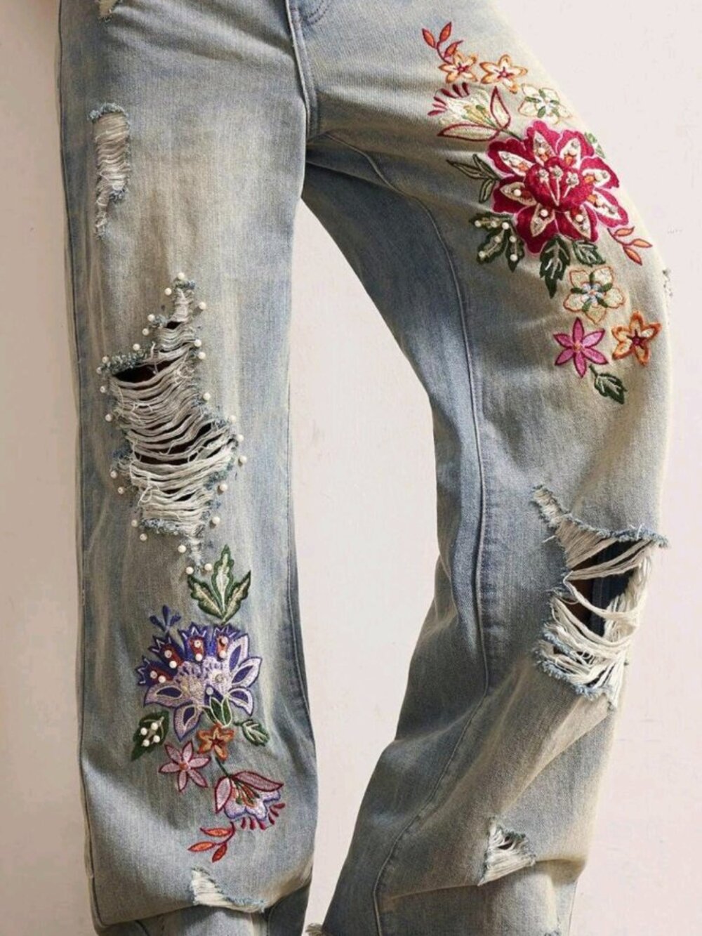 Countryside Vacation Style Casual Woven Embroidered Beaded Loose Women Jeans - Picture 5 of 9